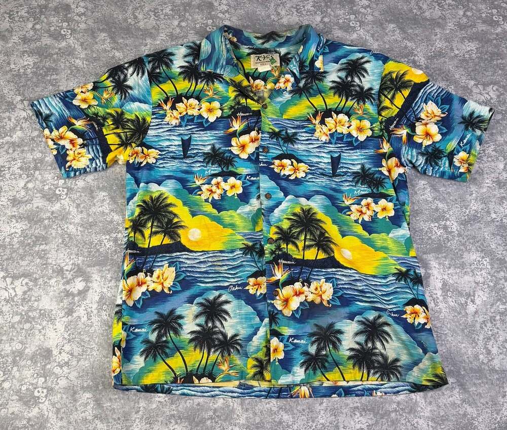 Vintage KY'S Hawaiian Shirt Men XL Blue Tropical Sunset Palm Trees USA MADE